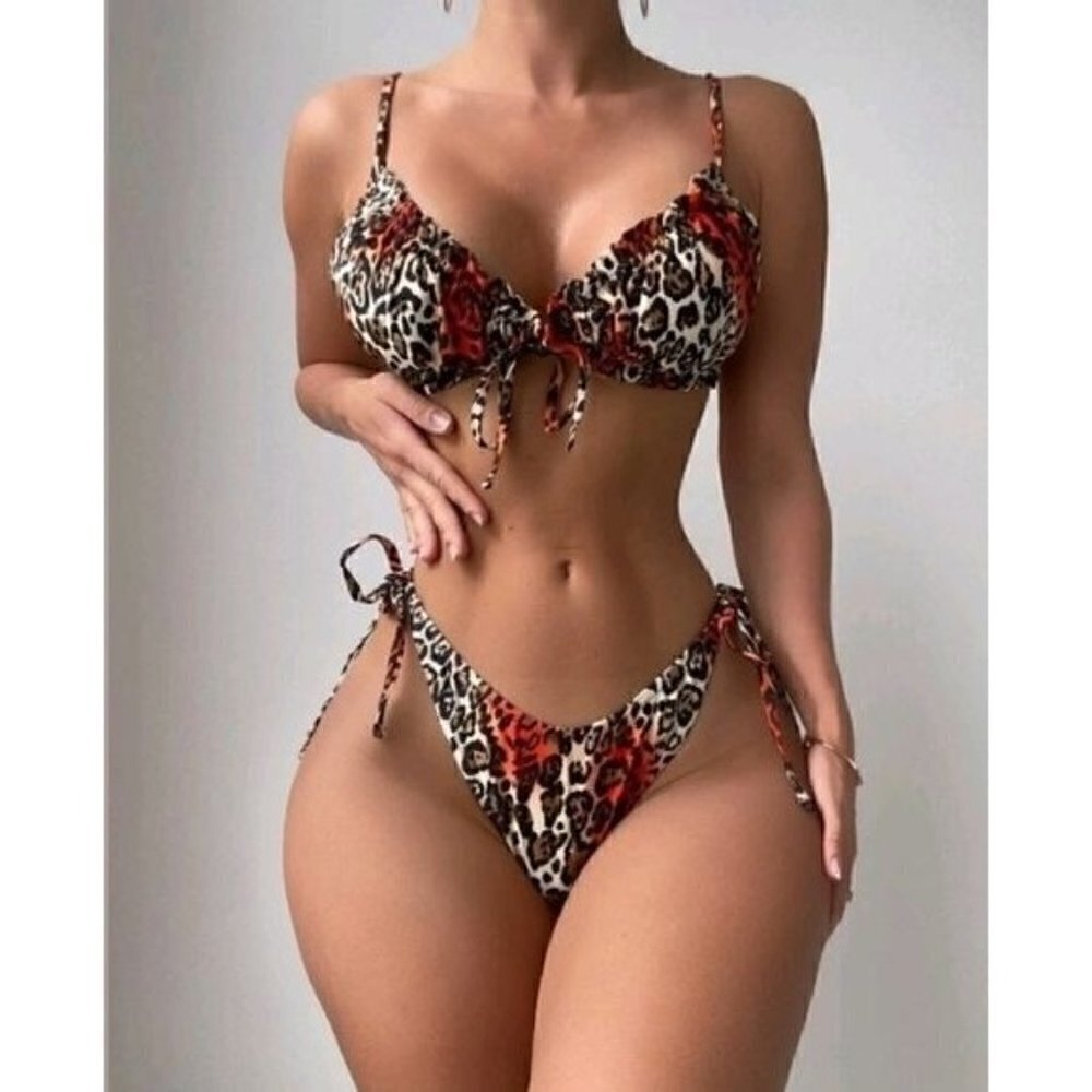 Leopard Print Tie-Side Bikini Set – Red & Animal Print Swimwear